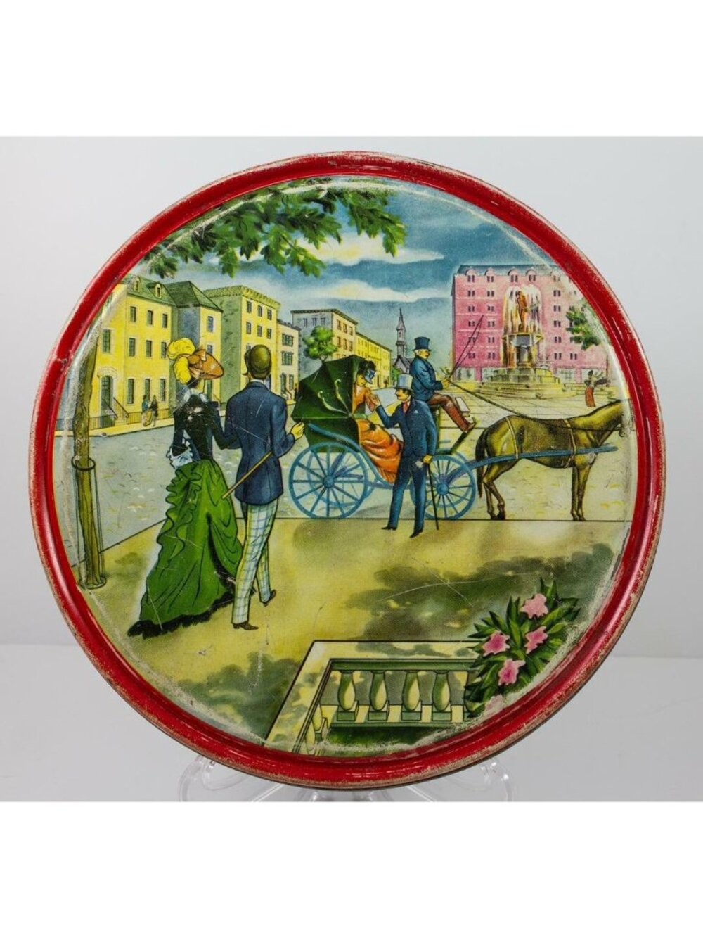 Vintage 1950's Barricini Candies Round Tin w/Lid Horse & Carriage NYC 8.5"
